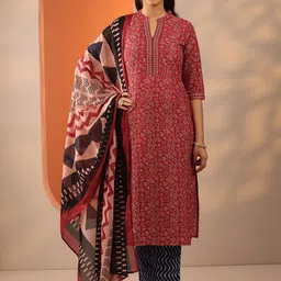 Libas Geometric Printed Mandarin Collar Straight Kurta With Trousers & Dupatta-image-15