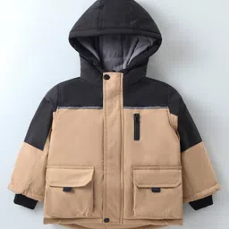 Kookie Kids Full Sleeves Padded Hooded Winter Jacket with Colour Block  Design & Pockets -Khaki-image-33