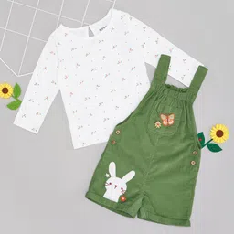 Pantaloons Baby Cotton Butterfly Embroidered Dungaree With Full Sleeves Floral Printed Tee - Green-picture-32