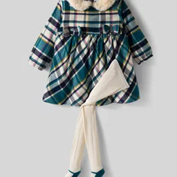 Simply Premium Woven Full Sleeves Frocks & Stockings with Checks & Bow Applique - Green-picture-13