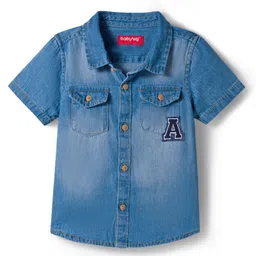Babyhug Denim Woven Half Sleeve Washed Shirt With Text Embroidery - Blue-image-39