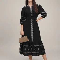 ANAI Women Geometric Embroidered Puff Sleeves Cotton Bohemian Fit And Flare Midi Dress-picture-11
