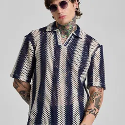 Snitch Men Striped V-Neck Drop-Shoulder Sleeves Boxy T-shirt-picture-11