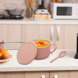 Jaypee Plus Stainless Steel Ribtok Meal Bowl Soup Bowl with Lid & Spoon for Every Day - Pink image 5