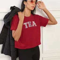 Globus Women Red Round Neck Short Sleeves Graphic Print Boxy Fit T-Shirt-image-85