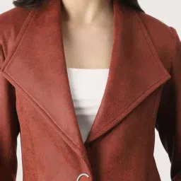 Globus Women Rust Shawl Collar Self Design Suede 2 Pockets Soft Functional Winterwear Overcoat image 4