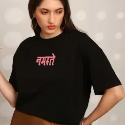 Globus Women Black Graphic Print Round Neck Drop Shoulder Sleeves Oversized T-Shirt-image-96