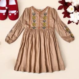 Bella Moda Girls Brown Cotton Three Fourth Sleeves Floral Embroidered Knee Length Dress-picture-23