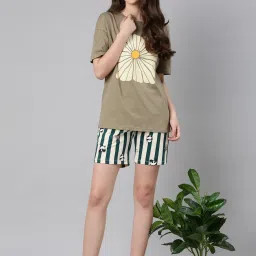 TWIN BIRDS Green & White Cotton Printed Night Shorts image 5