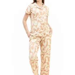 Sweet Dreams White & Beige Cotton Printed Shirt Pyjama Set-image-27