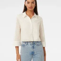 Forever New White Self Design Crop Top-image-65