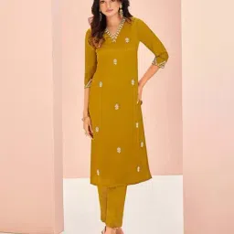 Odette Mustard Embroidered Kurta with Pant-image-1