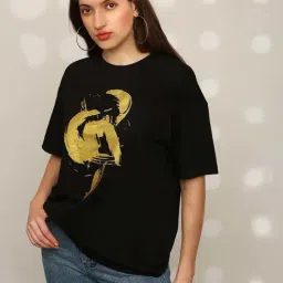 Globus Women Black Graphic Print Round Neck Drop Shoulder Sleeves Oversized T-Shirt-image-95