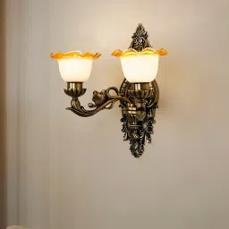 FOS LIGHTING Antique Brass Cast Aluminium Ornate Wall Sconce with Milky & Amber Rim Shades image 5