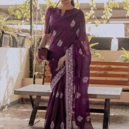 Saree Mall Purple Cotton Self Saree with Blouse Piece-picture-19