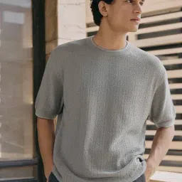 Andamen Grey Cotton Relaxed Fit Texture Knited T-Shirt-image-36