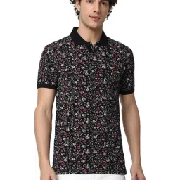 Mufti Dark Navy Slim Fit Floral Print Cotton Polo T-Shirt-image-2