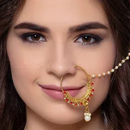 ANIKAS CREATION Gold-Plated & Off-White Beaded & Stone-Studded Chained Nose Ring image 4