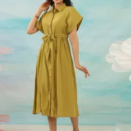 Autumnlane Green Cotton Comfort Fit Solid Dress-image-1