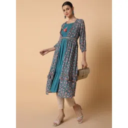 SHOWOFFFF Turquoise Cotton Printed A Line Kurta With Shrug & Waist Belt image 5
