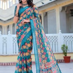 Saree Mall Teal blue Cotton Self Saree with Blouse Piece-picture-27