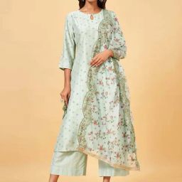 Rangmanch by Pantaloons Pastel Green Woven Pattern Kurta Palazzo Set With Dupatta-picture-42