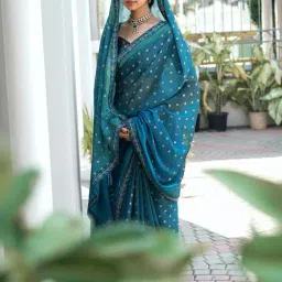 Saree Mall Teal blue Georgette Self Saree with Blouse Piece-picture-38