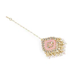 Fida Gold-Plated White & Pink Kundan-Studded & Pearl Beaded Meenakari Maangtikka image 3