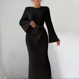 HERE&NOW Self Design Bell Sleeve Belted Sheath Maxi Dress image 3