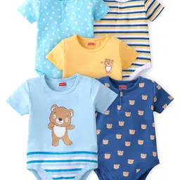 Babyhug 100% Cotton Knit Half Sleeves Onesies Stripes & Bear Print Pack Of 5 - Blue Yellow & White-image-8