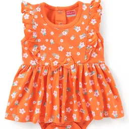 Babyhug 100% Cotton Knit Frill Sleeves Frock Style Onesie with Bow Detailing & Floral Applique - Orange-image-69
