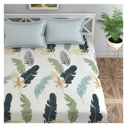 Florida Microfiber Fitted Bedsheet for Double Bed with 2 Pillow Covers - Leaf Printed, White image 1
