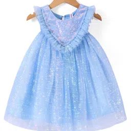 Babyhug Woven Sleeveless Fit & Flare Mesh Party Frock With Frilled Detailing - Blue-picture-14