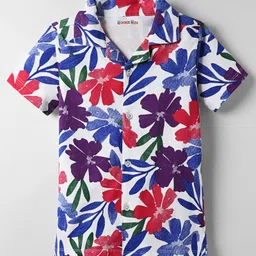 kookie kids india Kookie Kids Single Jersey Knit Half Sleeves Resort Collar Shirt With Floral Print - White-picture-25