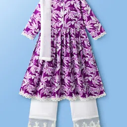 Pine Kids Cotton Woven Three Fourth Sleeves Floral Printed Kurta Salwar & Dupatta Set - Purple-picture-27