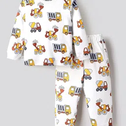 Bonfino 100% Cotton Knit Full Sleeves Co-ords Night Suit with Vehicle Print - White-picture-12