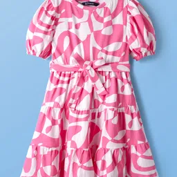 Pine Kids Cotton Knit Puffed Sleeves Frock With Abstract Print - Pink-picture-17