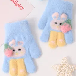 Babyhug Woollen Gloves with Bunny Print - Blue image 2