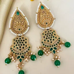 Zeviel Gold-Plated Stones Studded & Pearls Beaded Temple Contemporary Drop Earrings-picture-20