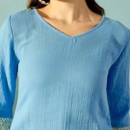 The Kaftan Company Blue Cotton Color-Block Night Dress image 5