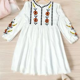 Bella Moda Girls White Cotton Three Fourth Sleeves Floral Embroidered Knee Length Dress-picture-24