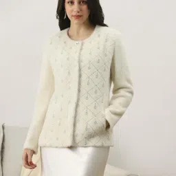 Globus Women White Self Design Embellished Work Round Neck 2 Pocket Winterwear Overcoat-image-42