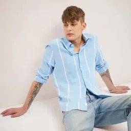 THE BEAR HOUSE Blue Cotton Slim fit Striped Shirts-image-10