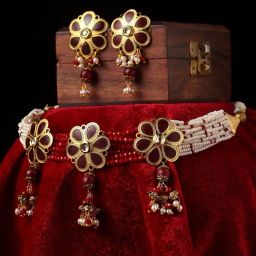 Panash Gold Plated Off White & Red Pearl Beaded Hand Painted Sustainable Jewellery Set-picture-17