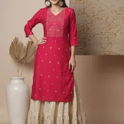 Fashor Pink Regular Fit Floral Print Kurta-image-36