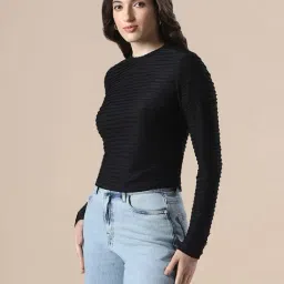 Globus Women Black Self Design High Neck Full Sleeves Knitted Top-image-99