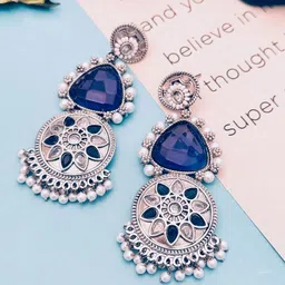 Anouk Silver-Plated Stones Studded & Pearls Beaded Circular Shaped Oxidised Drop Earrings image 2