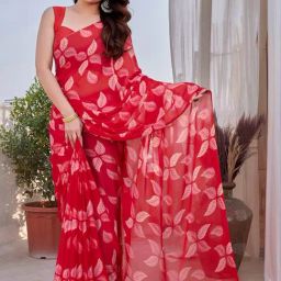MIRCHI FASHION Tomato Red Floral Print Saree With Unstitched Blouse-picture-5