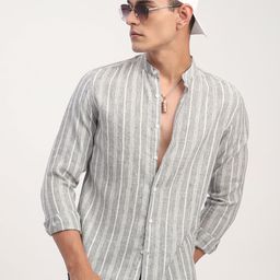 VASTRADO Men Classic Fit Vertical Striped Mandarin Collar Cotton Casual Shirt-picture-13