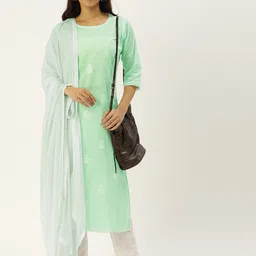 CATCHY Women Blue & White Embroidered Kurta with Trousers & Dupatta image 3